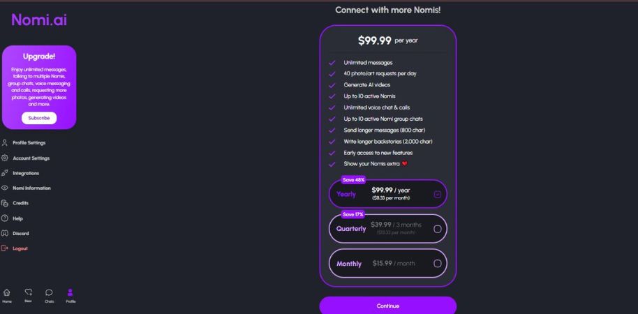 Ценообразуване на Nomi AI